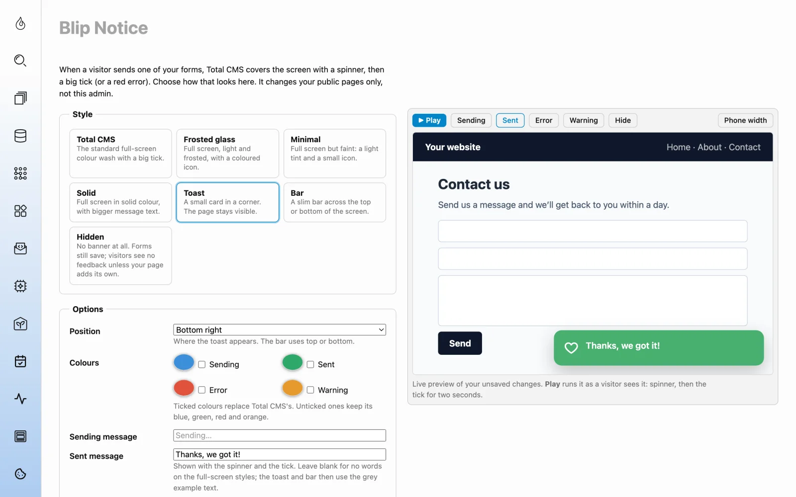 The Blip Notice page: the seven banner styles, colour options and a live preview showing a toast message
