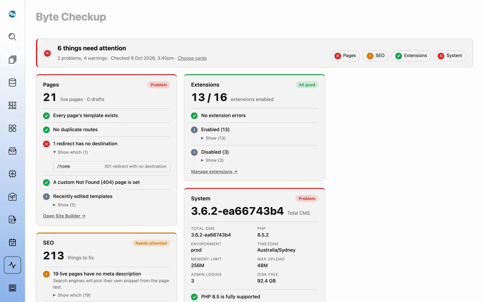 The Byte Checkup dashboard in the Total CMS admin, with page, SEO, extension and system checks.