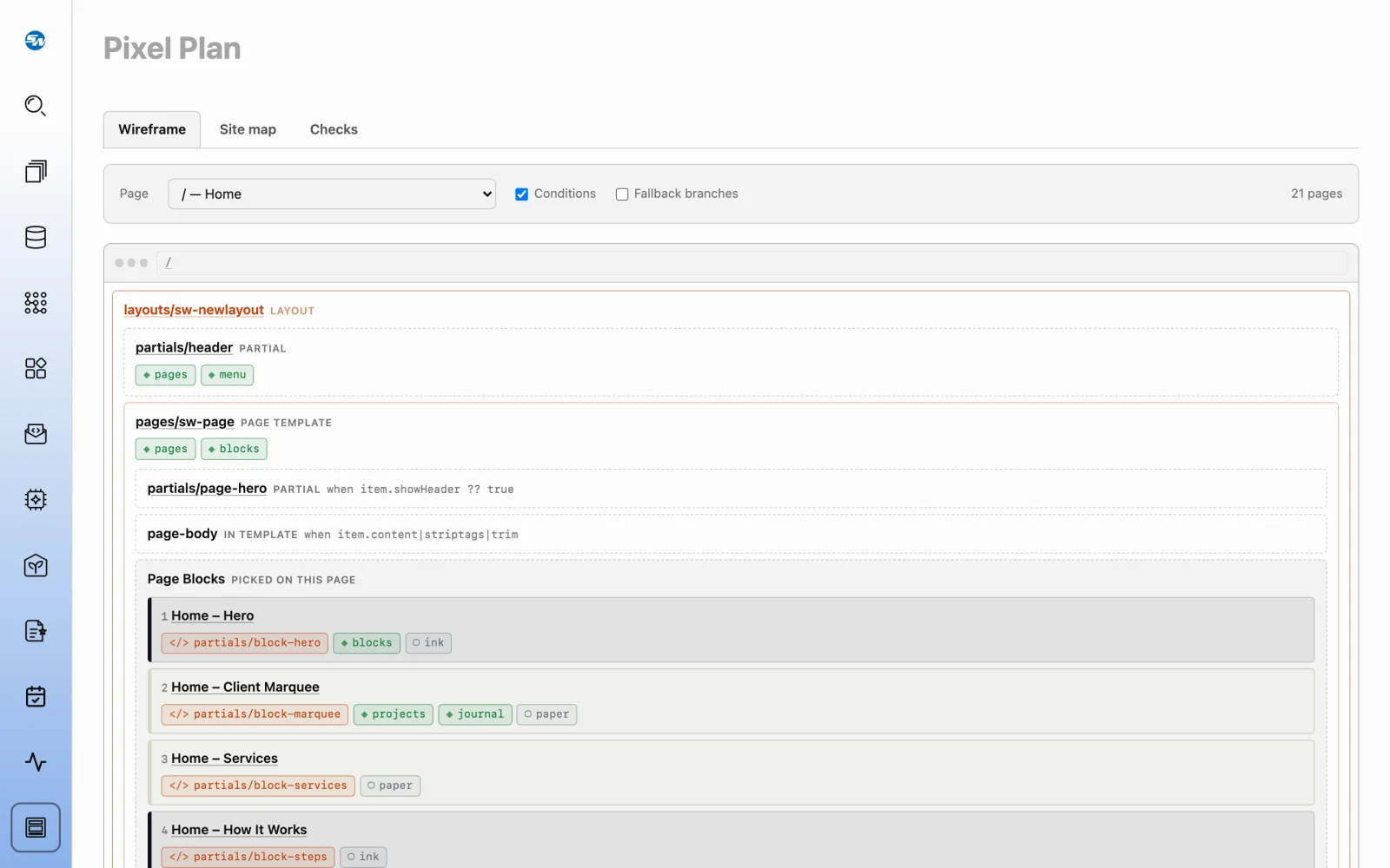 Pixel Plan's wireframe of a home page, showing the layout, header, page template and each block.