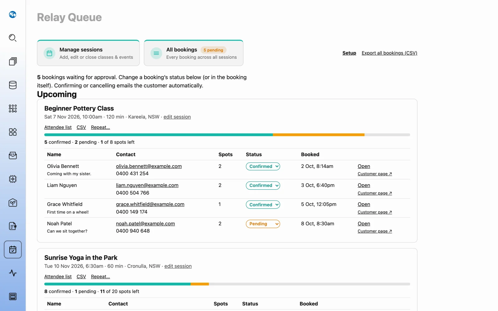 The Relay Queue overview: upcoming sessions with capacity bars and the bookings waiting to be confirmed.