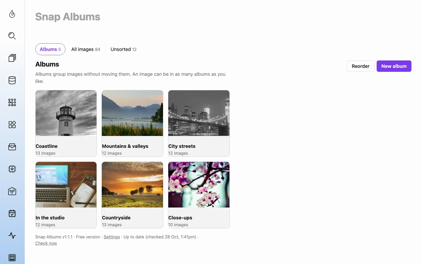The Snap Albums page: albums as cards with their cover and image count